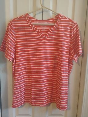 Coral Bay Petite PXL Top Orange White Striped V-Neck 100% Cotton Short Sleeve